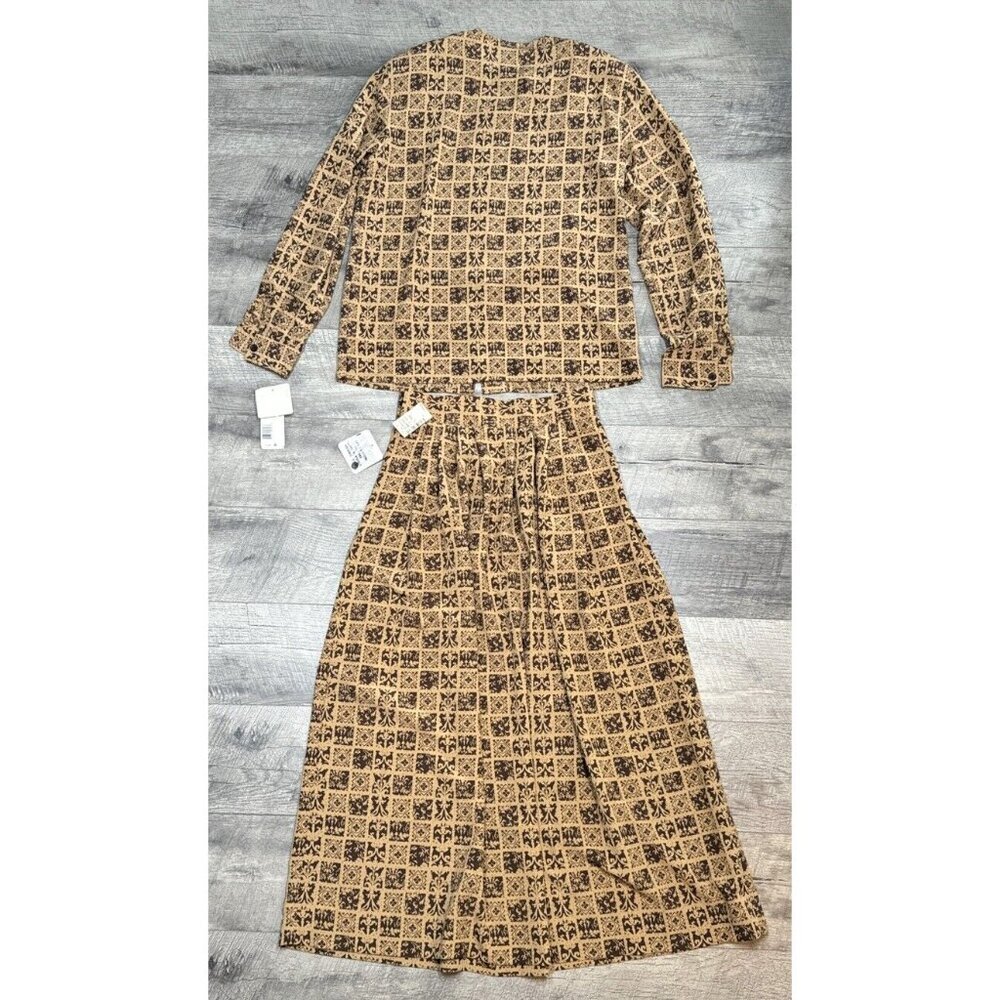 Rena Rowan Skirt 2 Piece Set Womens 10 Tan Button Blouse Pleated Pockets 90s NWT - Picture 2 of 12